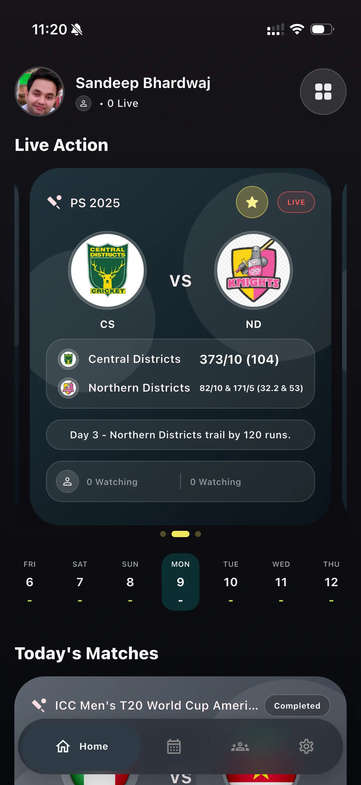 Crivo home screen with live match action