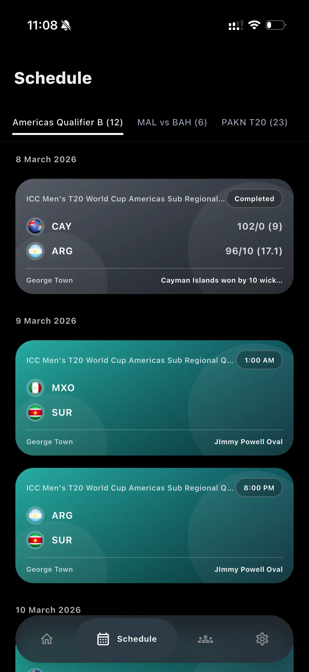 Crivo schedule view by date and competition